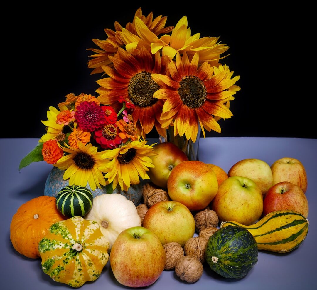 Autumn harvest of apples and pumpkins in a Lithuanian garden